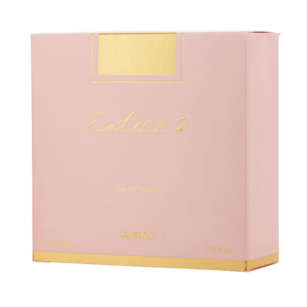 Ajmal Entice 2 for Women Eau De Parfum 75ml bottle, elegant perfume bottle with floral design, side view.