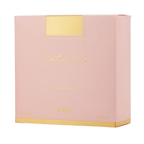 Ajmal Entice 2 for Women Eau De Parfum 75ml bottle, elegant perfume bottle with floral design, side view.