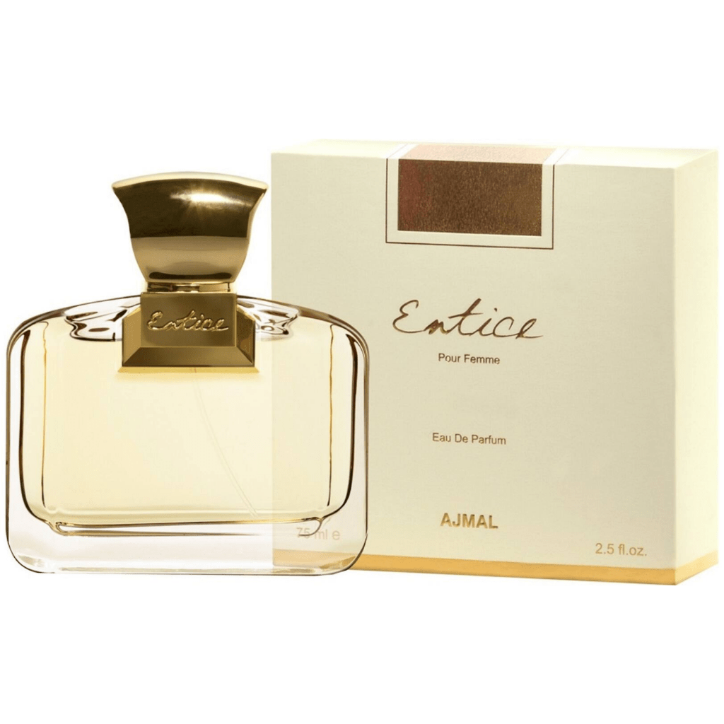 Ajmal Entice for Women Eau De Parfum 75ml bottle, front view showcasing elegant floral design and sleek glass packaging.