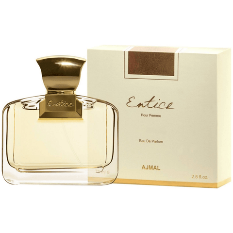 Ajmal Entice for Women Eau De Parfum 75ml bottle, front view showcasing elegant floral design and sleek glass packaging.