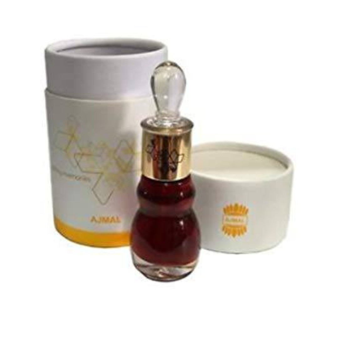 Ajmal Essential Oud Oil in a 12ml CPO bottle, featuring a clear glass container with a black cap and amber-colored perfume oil inside.