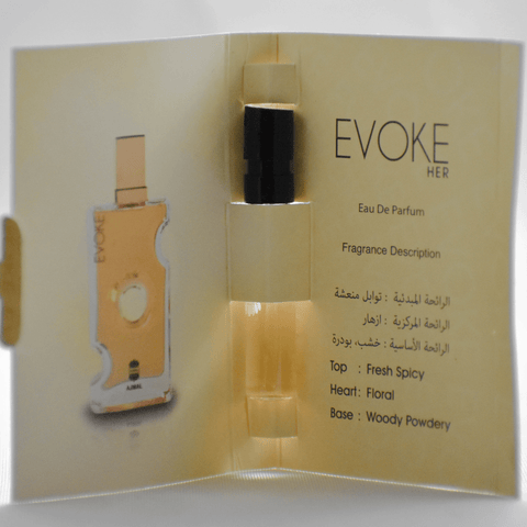 Ajmal Evoke EDP sample vial for women, 1ML, with silver cap, showcasing the perfume sample packaging.