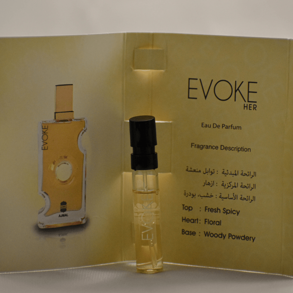 Ajmal Evoke EDP sample for women, 1ml, in white label bottle with cap, showcasing the fragrance's elegant packaging.