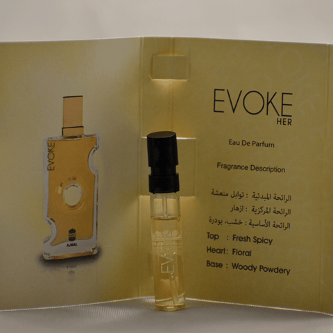 Ajmal Evoke EDP sample for women, 1ml, in white label bottle with cap, showcasing the fragrance's elegant packaging.