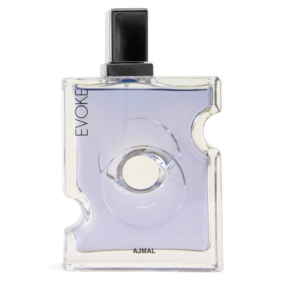 Evoke for Men Ajmal Eau De Parfum 90ml bottle with sleek black and silver design, showcasing the fragrance packaging.