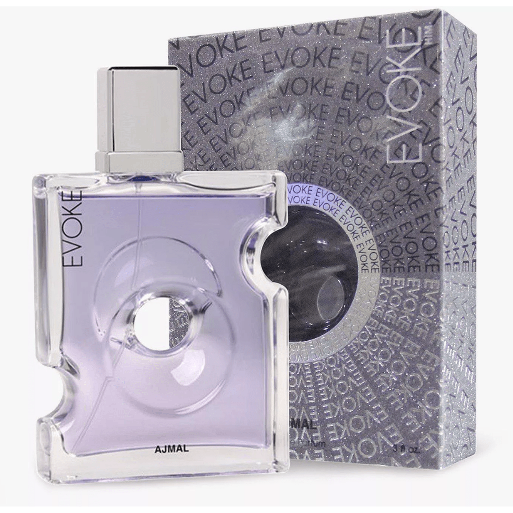 Evoke for Men Eau De Parfum by Ajmal in a 90ml bottle, featuring a sleek design and modern packaging.