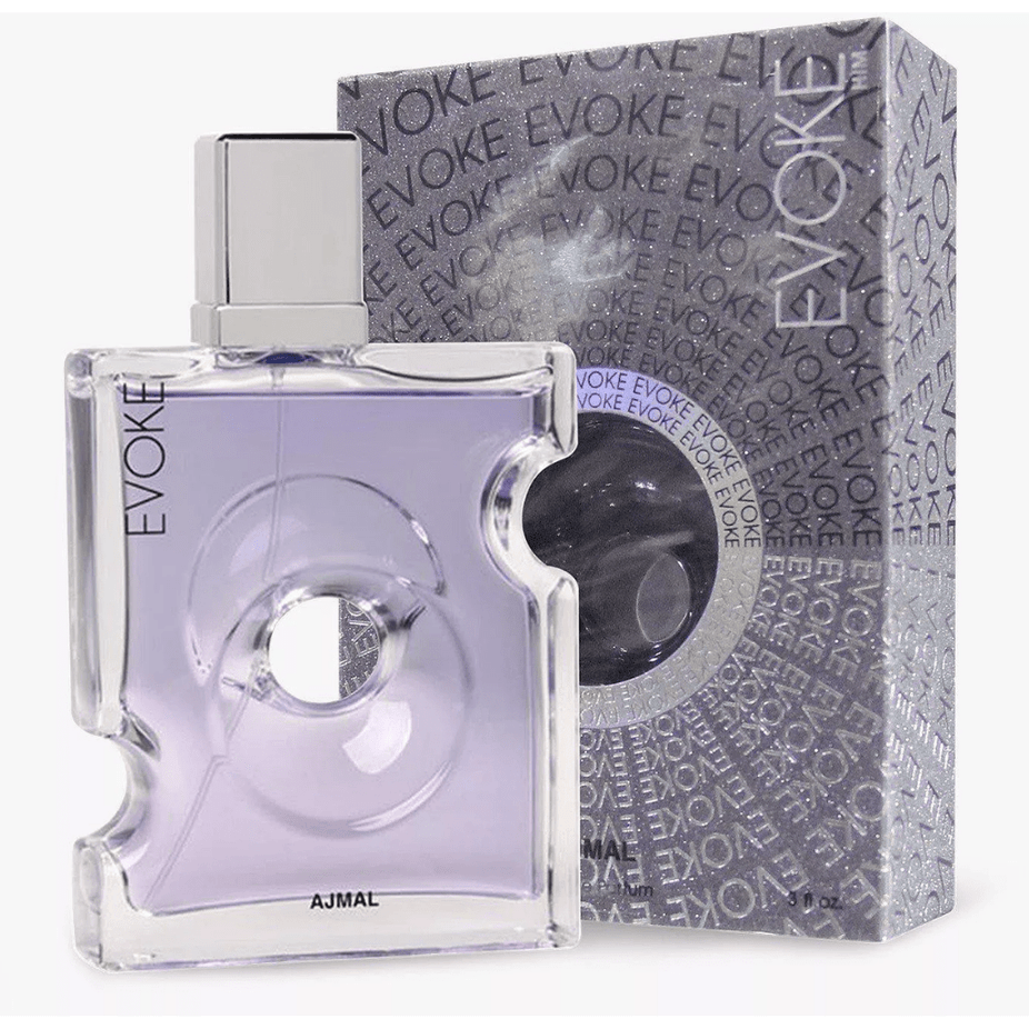Evoke for Men Ajmal Eau De Parfum bottle, 90ml, featuring sleek design and fragrance details.