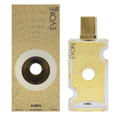 Evoke for Women Eau De Parfum by Ajmal, 75ml bottle with elegant packaging, showcasing the perfume bottle and branding.