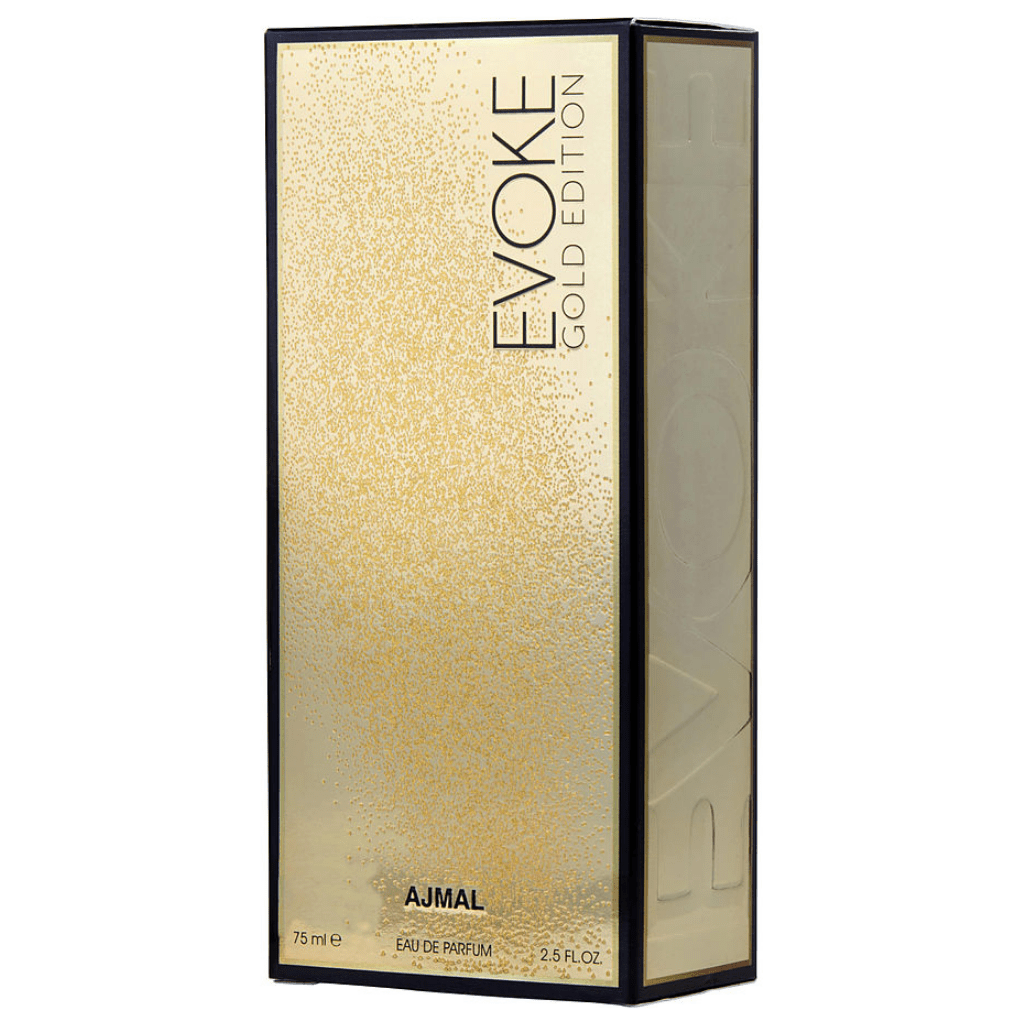 Evoke Gold Edition Eau De Parfum for Women by Ajmal, 75ml bottle with elegant gold packaging and floral fragrance details.