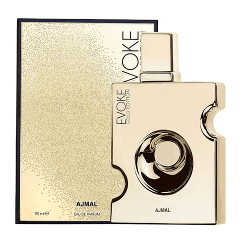 Evoke Gold Edition Eau De Parfum for Men by Ajmal, 90ml bottle, front view showing the sleek gold packaging.