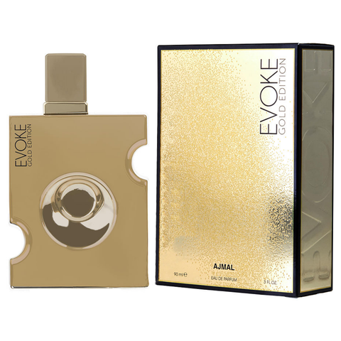 Ajmal Evoke Gold Edition for Men Eau de Parfum 90ml spray bottle with nozzle, luxurious fragrance packaging.