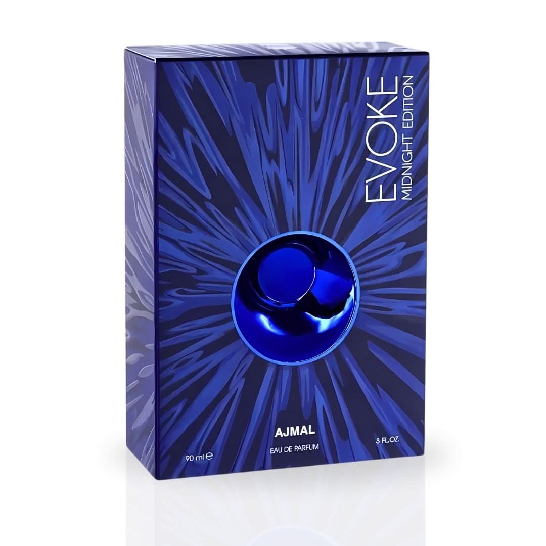 Evoke Midnight Eau de Parfum spray by Ajmal, 90ml bottle, featuring dark packaging and elegant design.