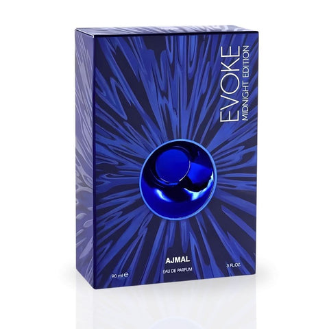 Evoke Midnight Eau de Parfum spray by Ajmal, 90ml bottle, featuring dark packaging and elegant design.