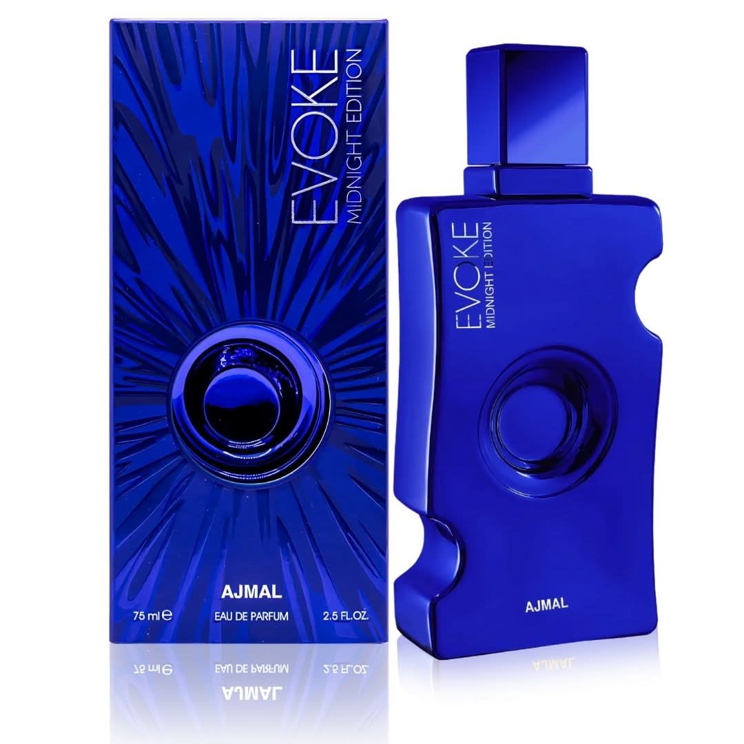 Evoke Midnight Edition for Her Ajmal Eau De Parfum 75ml bottle with box, showcasing elegant packaging and luxurious perfume design.