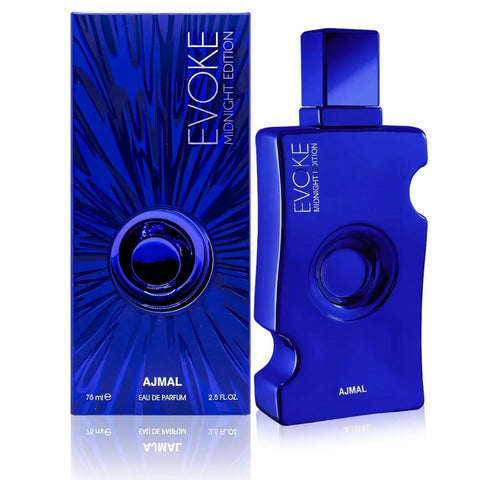 Evoke Midnight Edition for Her Ajmal Eau De Parfum 75ml bottle with box, showcasing elegant packaging and luxurious perfume design.
