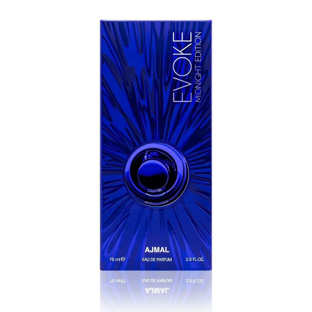 Ajmal Evoke Midnight Edition For Her 75ml Eau De Parfum bottle with sleek black design and elegant branding.