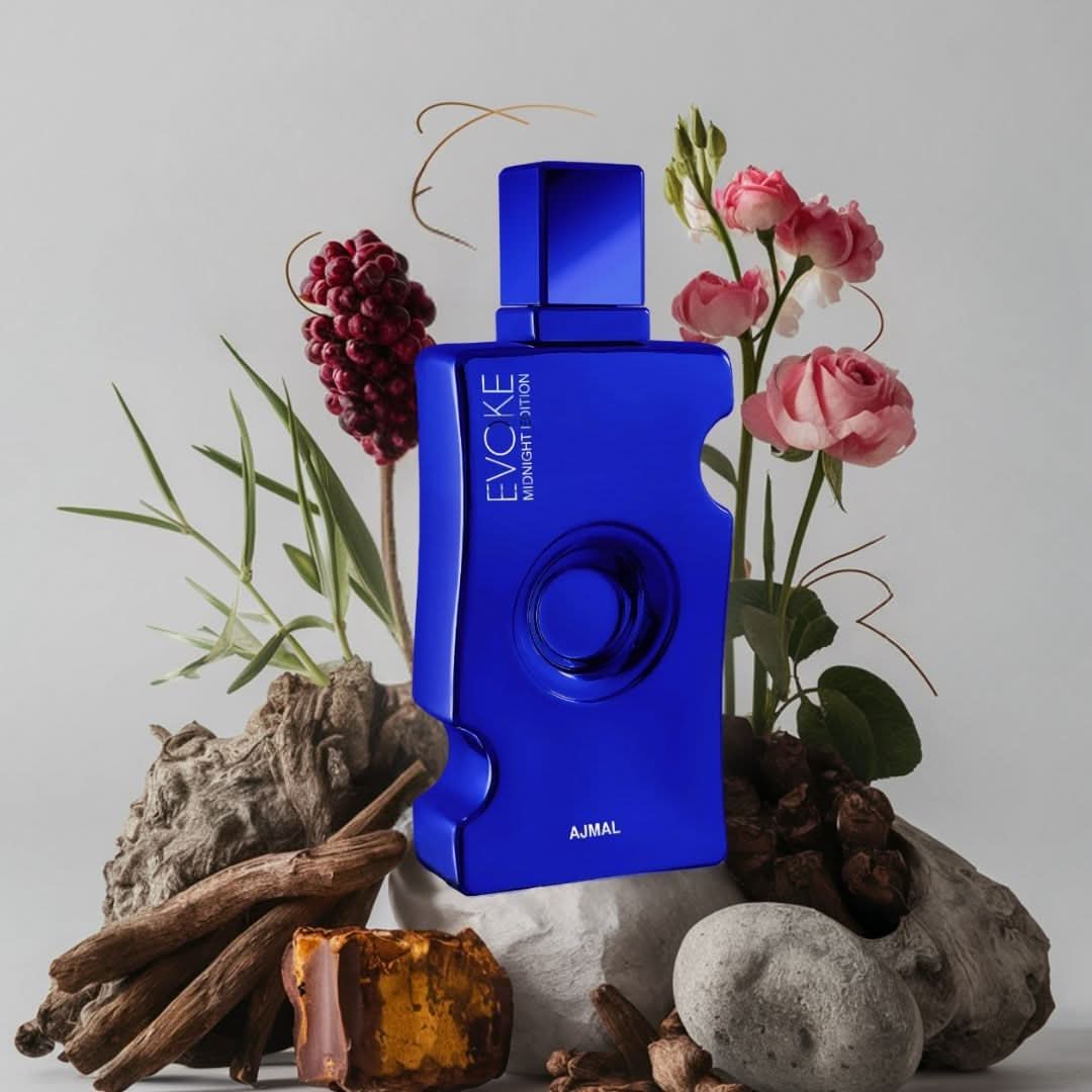 Ajmal Evoke Midnight Edition For Her 75ml Eau De Parfum bottle with elegant packaging, showcasing a luxurious, long-lasting fragrance.