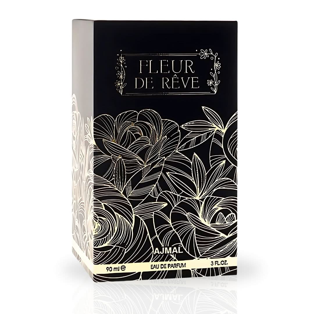 Ajmal Fleur de Rêve EDP spray 90ml with elegant bottle, showcasing luxurious floral scent bottle for long-lasting, enchanted signature fragrance.