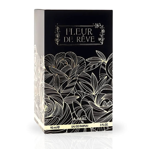 Ajmal Fleur de Rêve EDP spray 90ml with elegant bottle, showcasing luxurious floral scent bottle for long-lasting, enchanted signature fragrance.