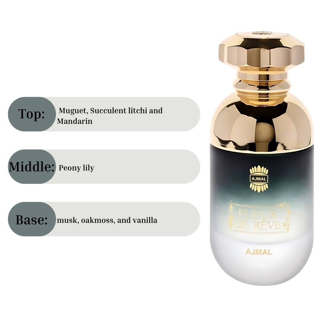 Ajmal Fleur de Rêve EDP spray 90ML, luxurious floral fragrance in a sleek bottle, showcasing elegant packaging and design.