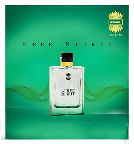 Ajmal Free Spirit Eau De Parfum 100ml bottle with packaging, featuring sleek glass design and elegant branding.