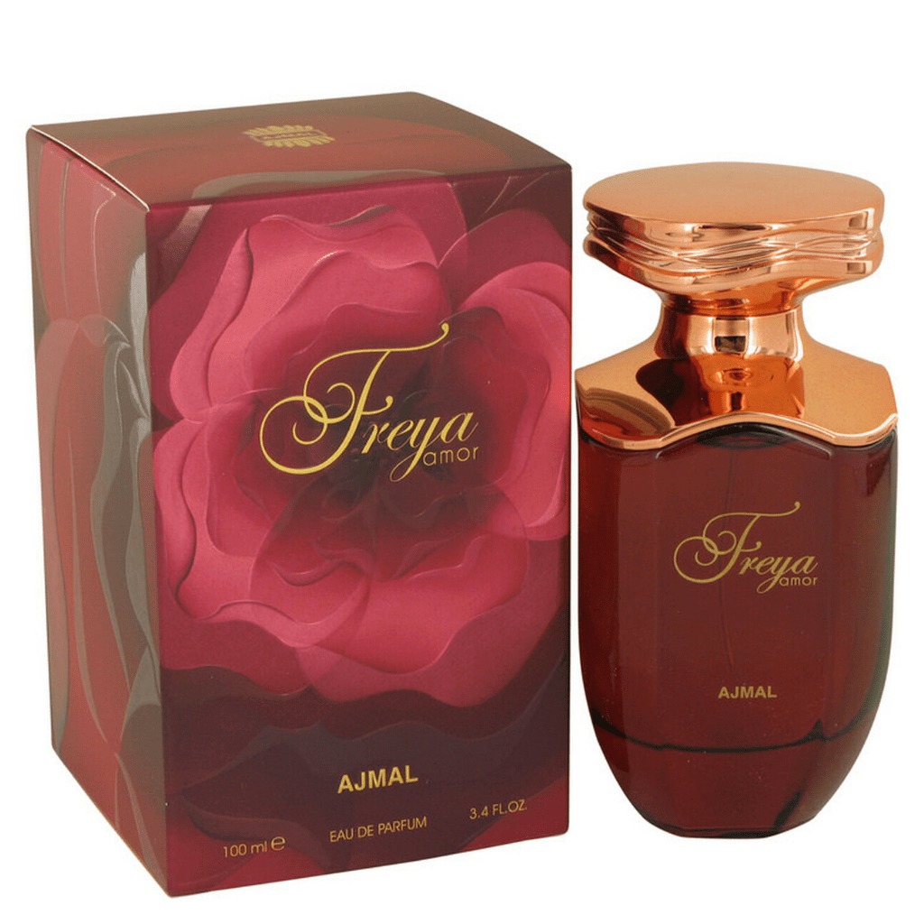 Ajmal Freya Amor Eau De Parfum for women in a 100ml bottle with elegant packaging, showcasing the fragrance bottle.