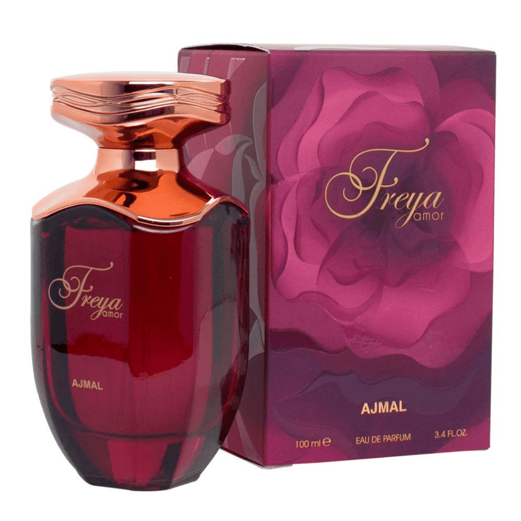Ajmal Freya Amor Eau De Parfum 100ML bottle, front view, elegant design, for women, showcasing the fragrance packaging.