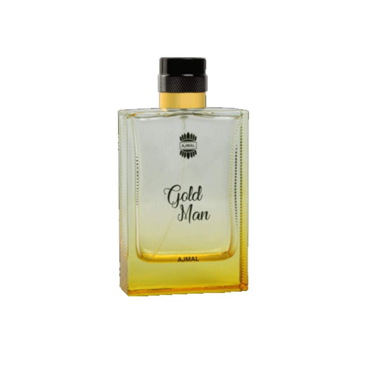 Ajmal Gold Man Eau De Parfum 100ml bottle and box, featuring a sleek gold design and elegant packaging.