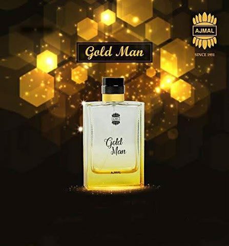Ajmal Gold Man Eau De Parfum bottle and packaging, 100ml, featuring sleek gold design and elegant branding.