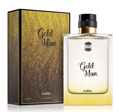 Ajmal Gold Man Eau De Parfum 100ml bottle with gold cap, showcasing the elegant packaging of the men's fragrance.