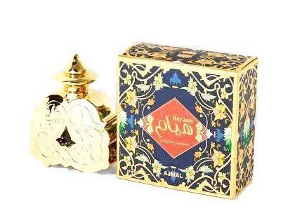 Ajmal Hayaam Perfume Oil in 14 ML bottle, concentrated CPO with floral and woody notes, displayed on a white background.