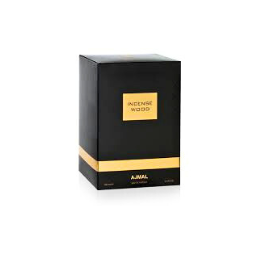 Ajmal Incense Wood Eau De Parfum 100ml bottle with packaging, featuring a sleek glass bottle and elegant design.