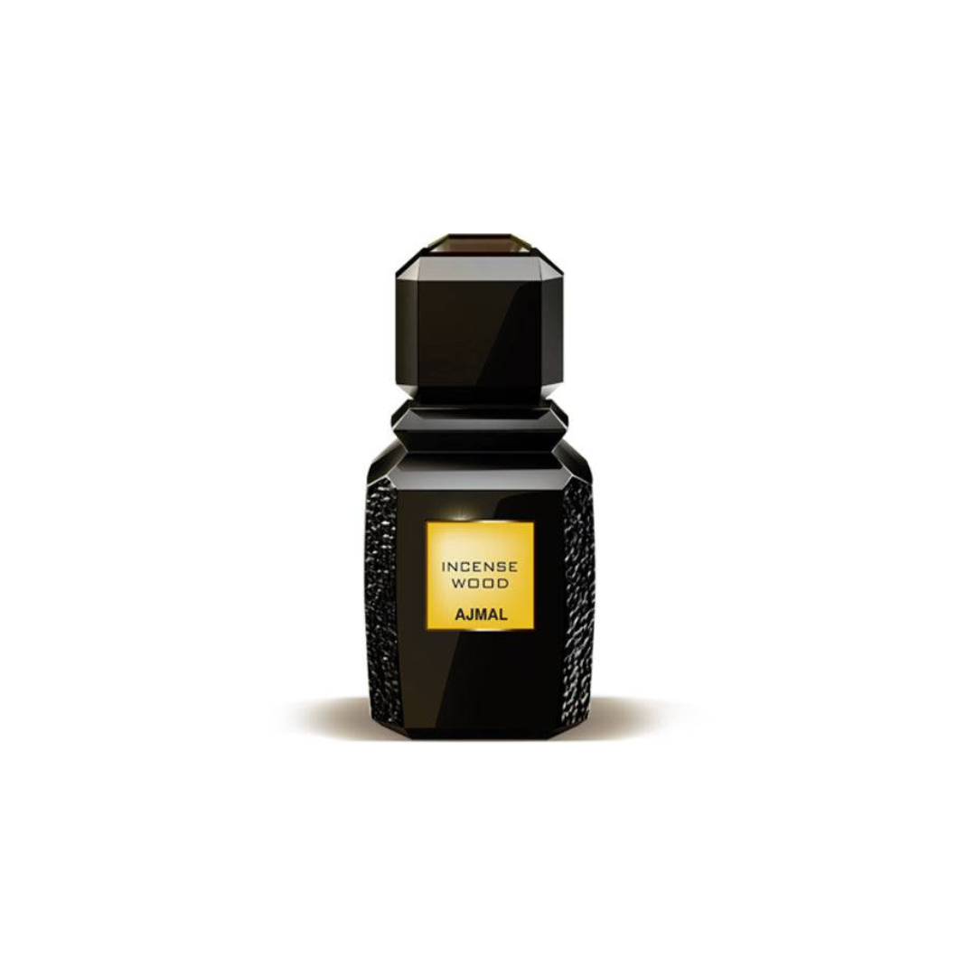 Ajmal Incense Wood Eau De Parfum 100ml bottle, elegant glass container with a black cap, showcasing the fragrance's sophisticated design.
