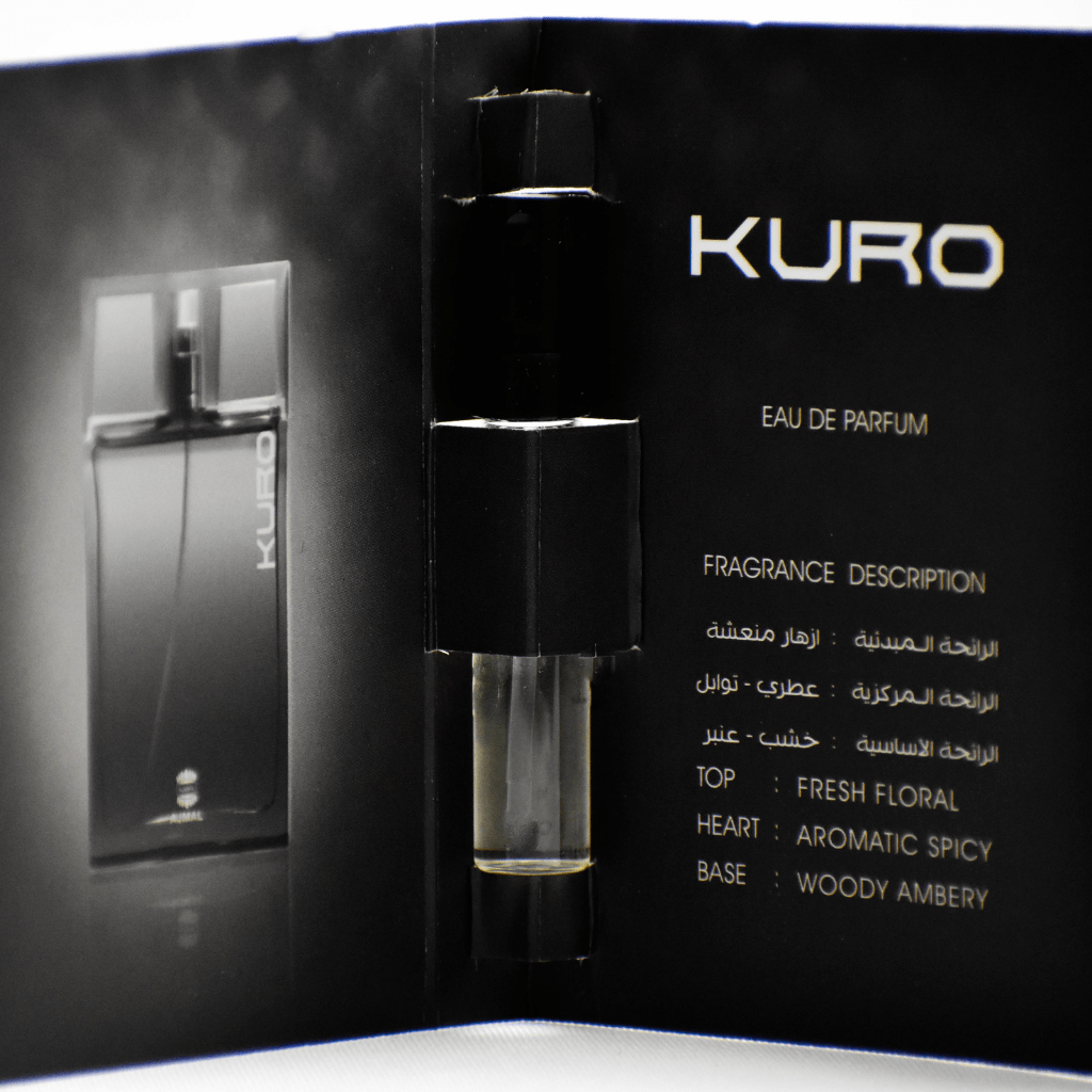 Ajmal Kuro EDP sample vial for men, 1ml, with packaging, showcasing the fragrance bottle and branding.