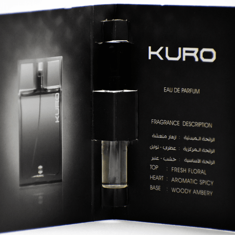 Ajmal Kuro EDP sample vial for men, 1ml, with packaging, showcasing the fragrance bottle and branding.