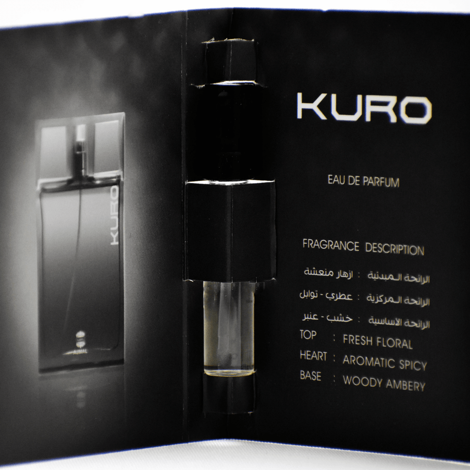 Ajmal Kuro EDP sample for men, 1ml vial, with branding and sample packaging visible, showcasing the fragrance container.
