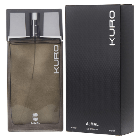 Ajmal Kuro for Men EDP bottle in black packaging, 90ml, showcasing sleek glass design and elegant branding.