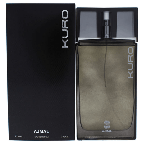 Ajmal Kuro for Men Eau De Parfum bottle with dark accents, 90ml, showcasing the sleek design and fragrance presentation.