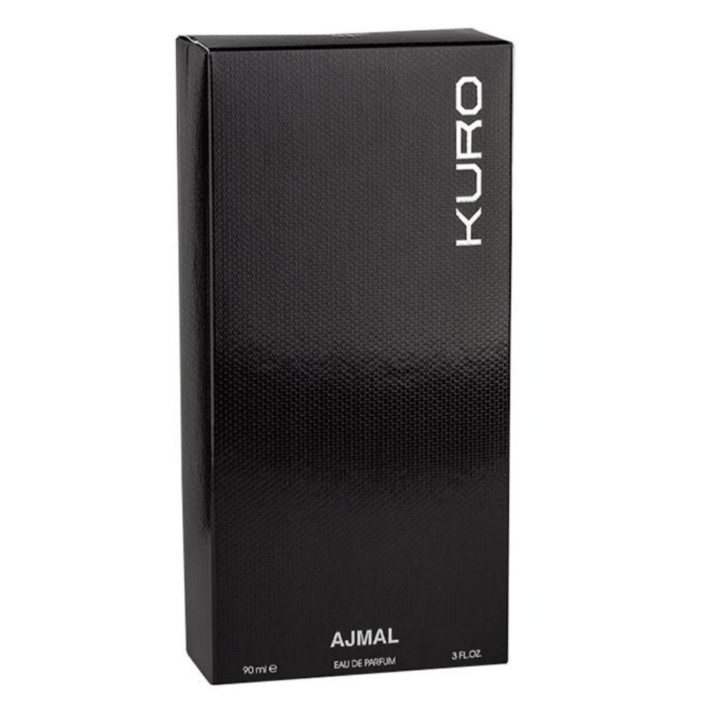 Ajmal Kuro for Men Eau De Parfum bottle and packaging, 90ml, featuring sleek design and dark-colored fragrance bottle.