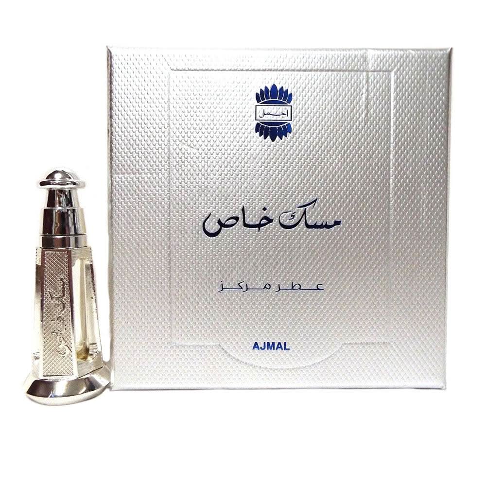 Ajmal Musk Khas concentrated perfume oil in a 3ml clear bottle, showcasing the elegant front label and cap.