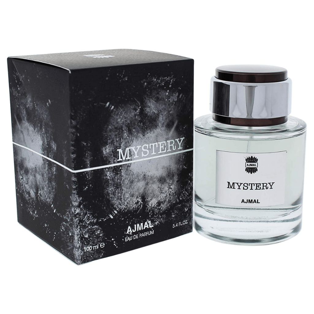 Ajmal Mystery for Men EDP 100ml bottle, front view showcasing the sleek perfume bottle design.