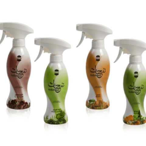 Ajmal Nafahat Lailatul Khamis air freshener bottle, 300ml, featuring floral and aromatic designs on the label.