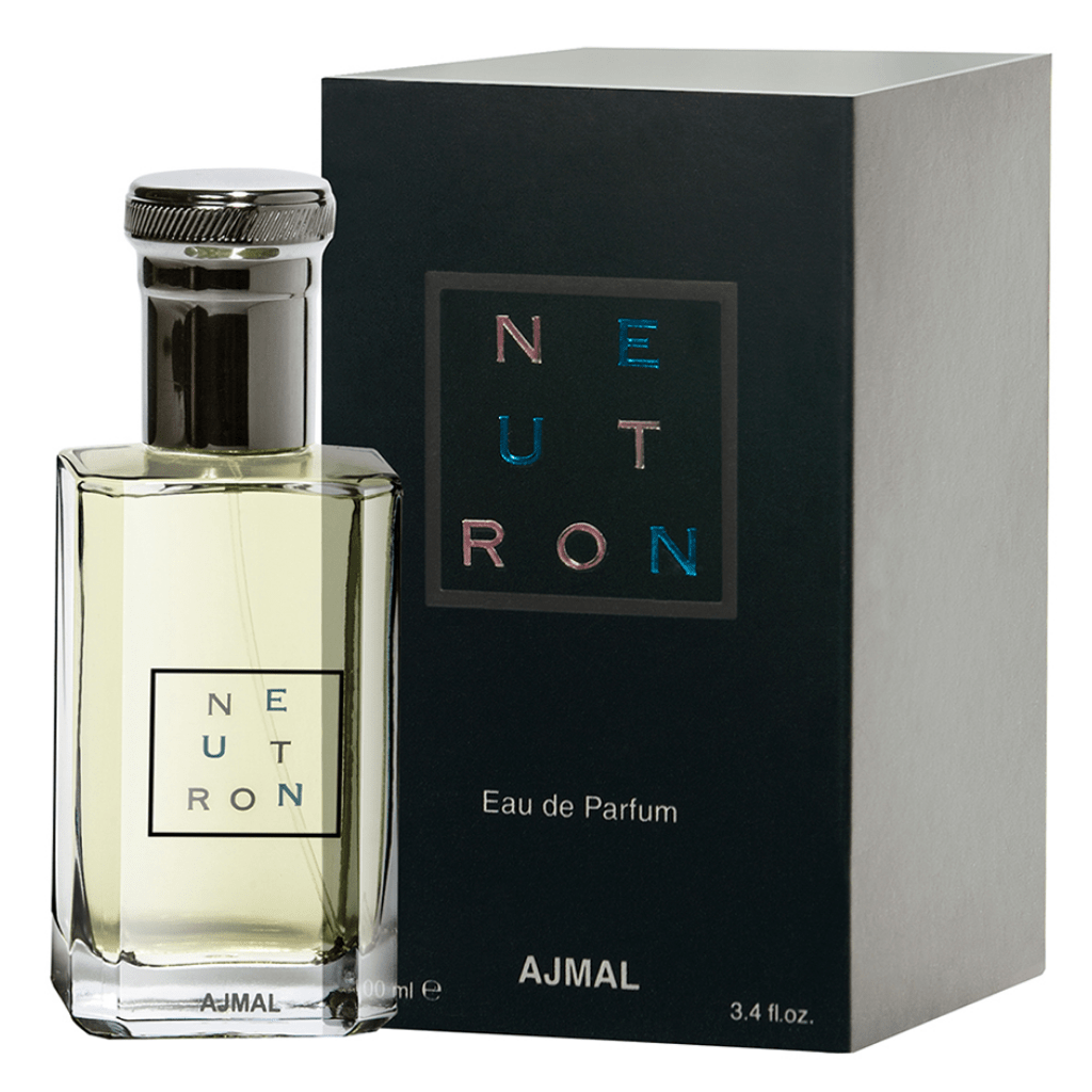 Ajmal Neutron for Men Eau De Parfum 100ml bottle with silver accents, showcasing sleek silver and dark packaging design.