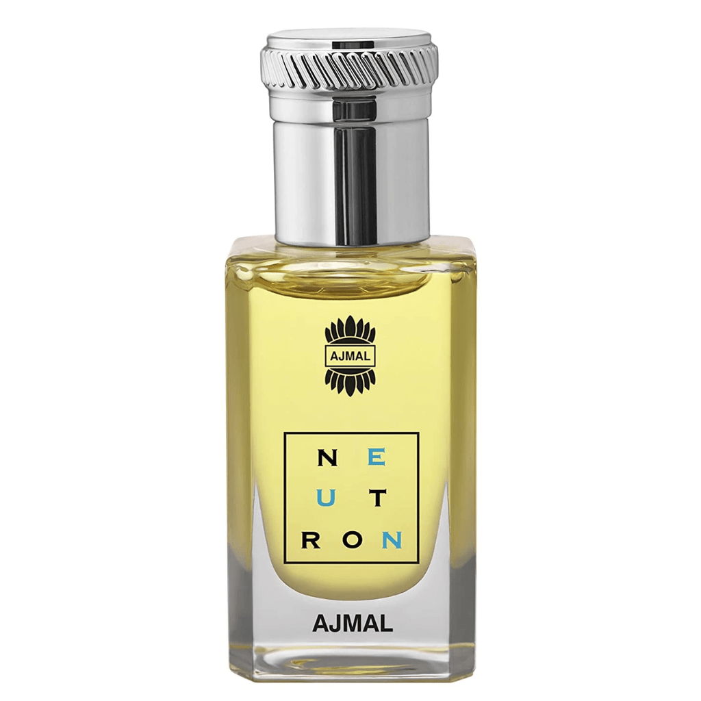 Ajmal Neutron perfume oil in a 10ml dark glass bottle with black cap, showcasing the concentrated perfume oil packaging.