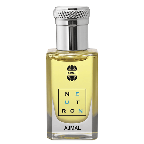 Ajmal Neutron perfume oil in a 10ml dark glass bottle with black cap, showcasing the concentrated perfume oil packaging.