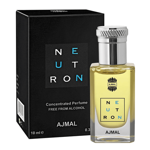 Ajmal Neutron perfume oil in a 10ml bottle, concentrated CPO with a sleek design and clear label, suitable for luxurious fragrance application.