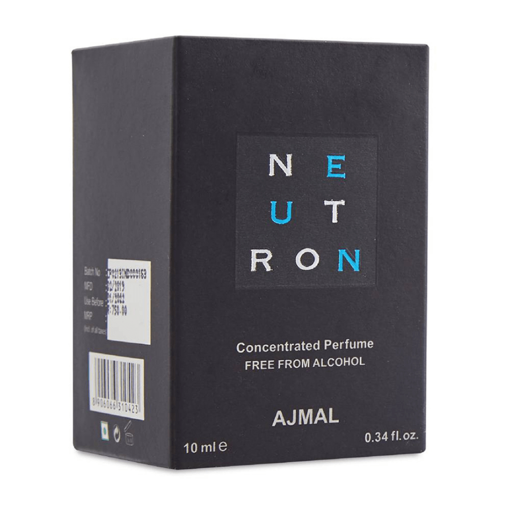 Ajmal Neutron Perfume Oil in a 10ml bottle, concentrated CPO with sleek packaging, showcasing the fragrance's elegant design.