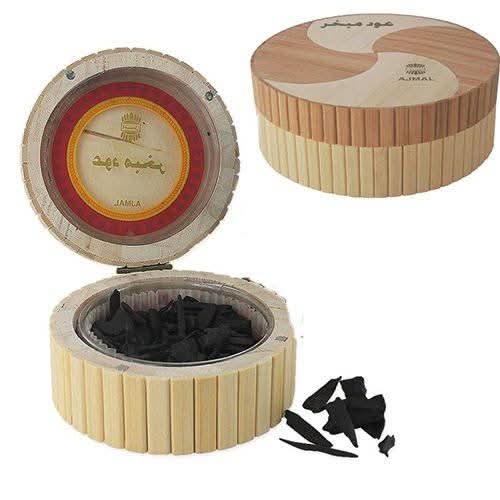 Ajmal Oud Mubkahar Mabkhara Bakhoor in decorative container, 50g, traditional aromatic incense for home use.