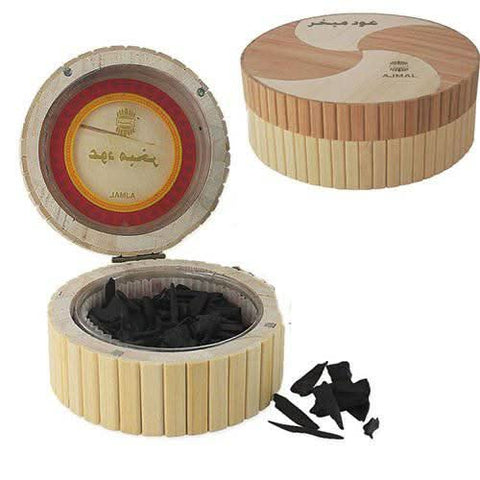 Ajmal Oud Mubkahar Mabkhara Bakhoor in decorative container, 50g, traditional aromatic incense for home use.