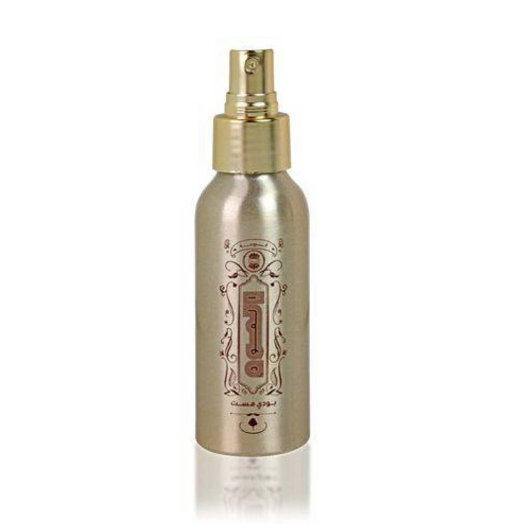 Ajmal Oudh Body Mist 100 ml bottle with packaging, featuring elegant design and fragrance packaging for luxurious scent.